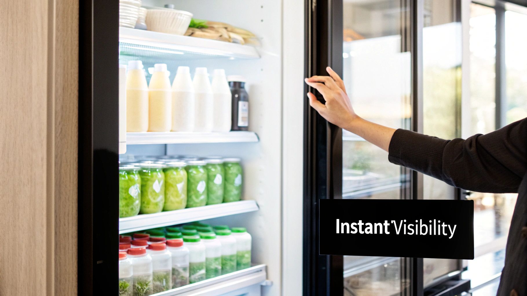 Hand opening a modern glass-door refrigerator stocked with bottles of drinks and prepared food.
