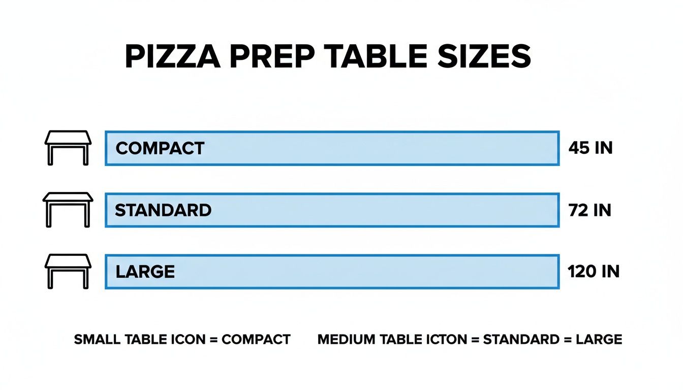 An infographic illustrating pizza prep table sizes: Compact (45 inches), Standard (72 inches), and Large (120 inches).