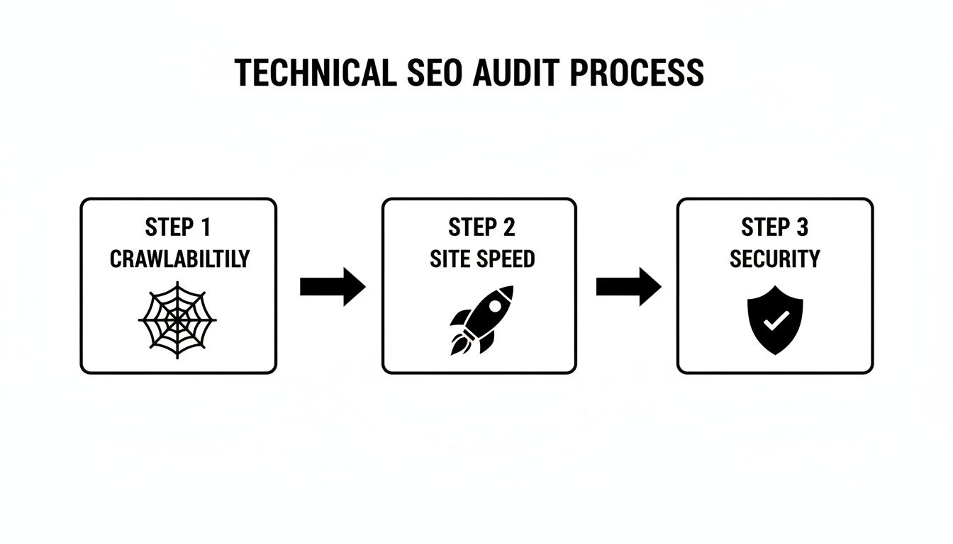 A diagram illustrating the technical SEO audit process with three key steps: crawlability, site speed, and security.