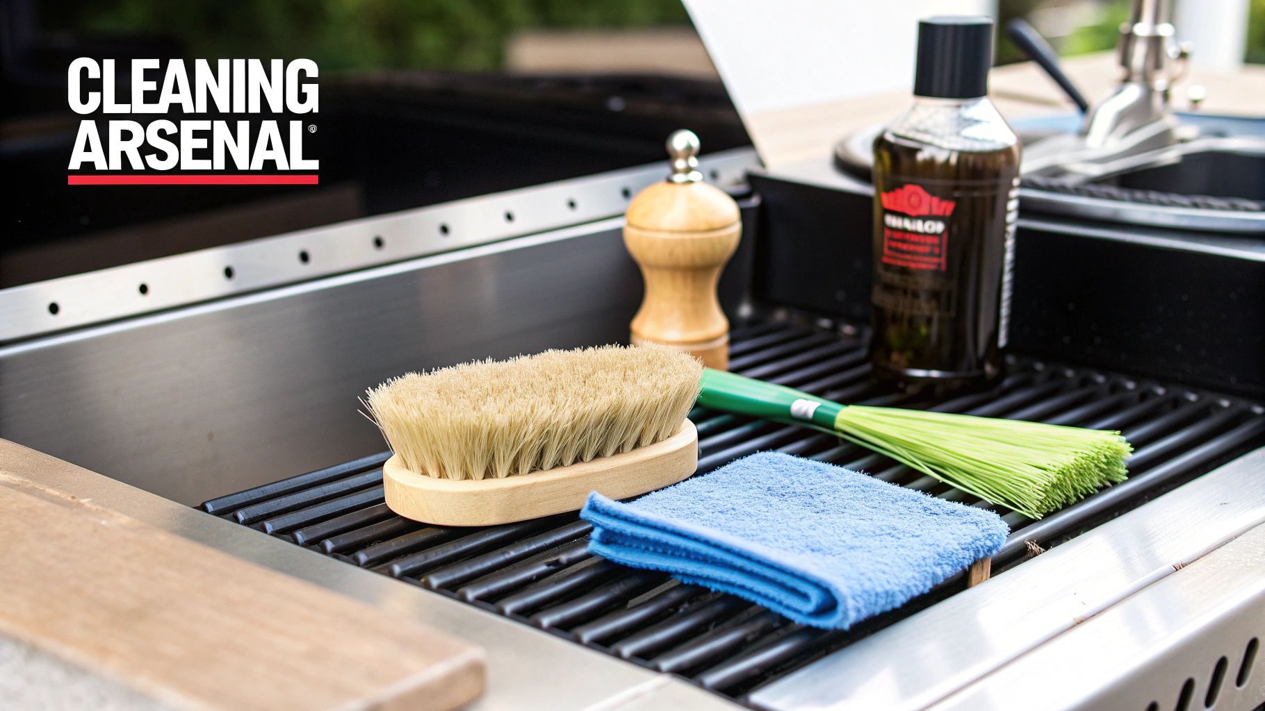 Cleaning tools including a scrub brush, microfibre cloth, and cleaner bottle on a stainless steel grill.