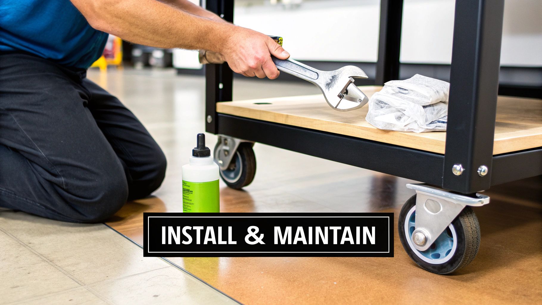 A person kneeling to install or maintain caster wheels on a utility cart with a wrench and lubricant.