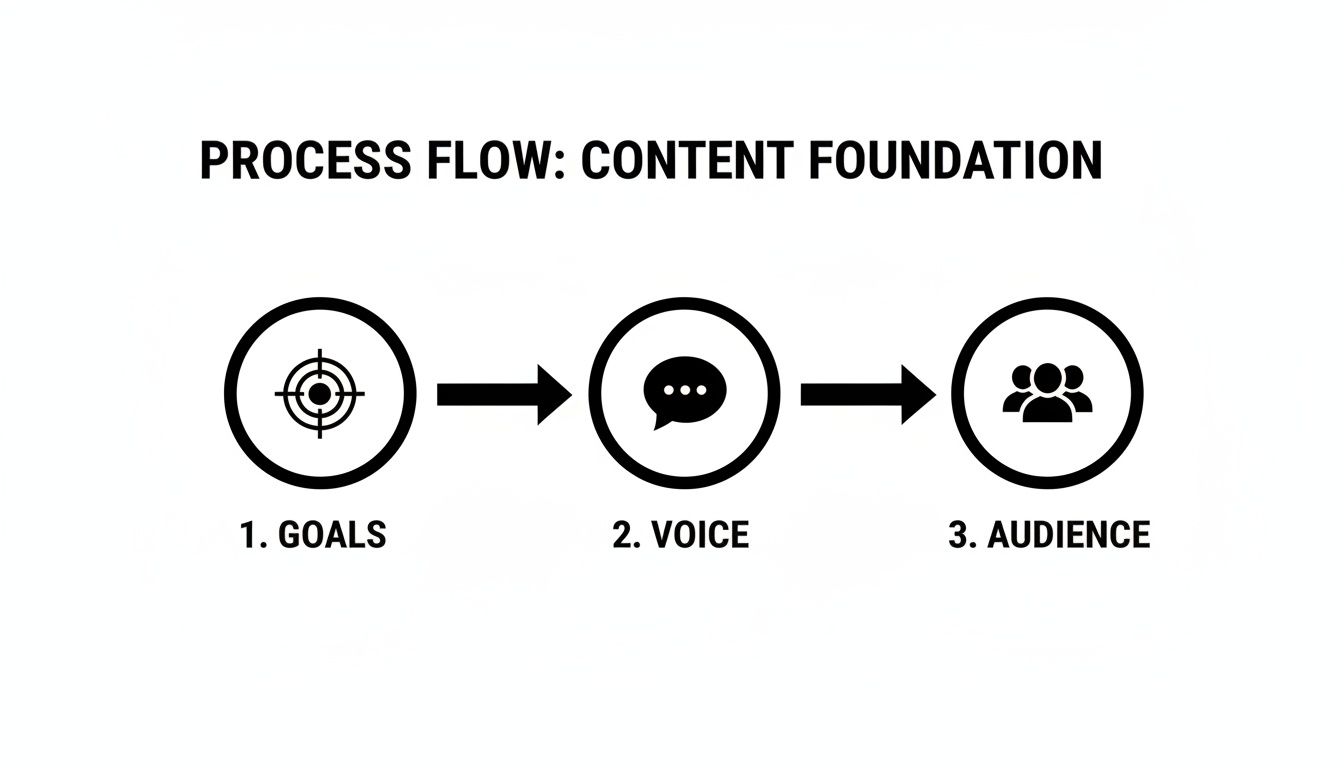 Process flow diagram illustrating content foundation steps: Goals, Voice, and Audience with corresponding icons.