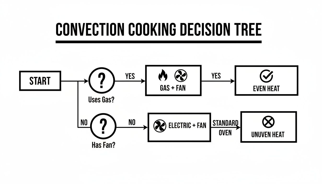 Convection cooking decision tree flowchart showing steps for gas or electric ovens with fans.