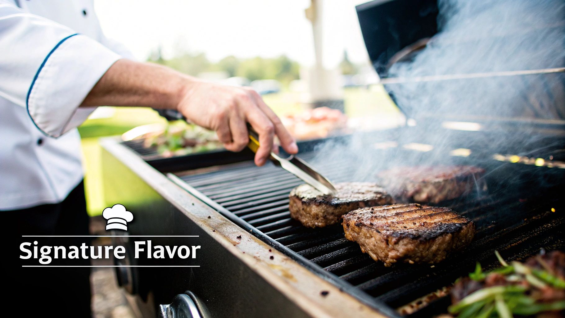 A chef flips sizzling burger patties on a smoky outdoor grill, highlighting signature flavor.