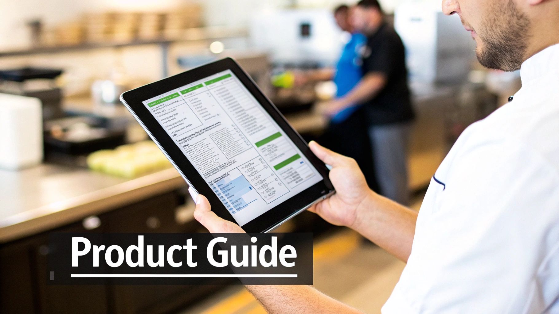 A chef in a kitchen uses a tablet displaying a product guide for ingredients and supplies.
