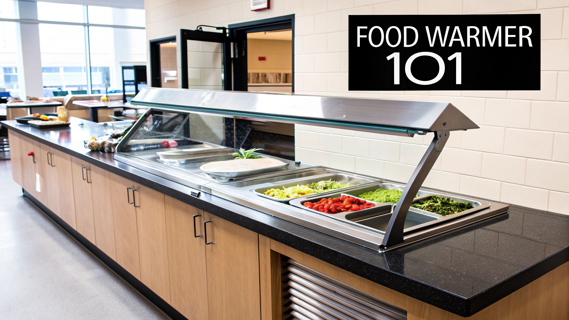 A stainless steel commercial countertop food warmer holding various hot food items in a professional kitchen.