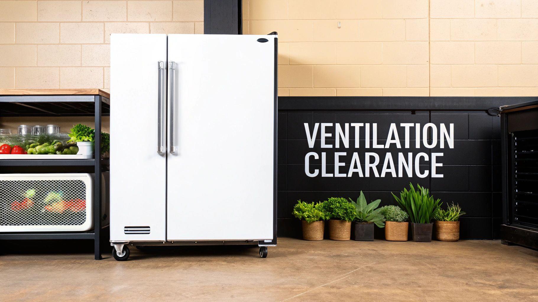 A white commercial refrigerator on casters with produce on adjacent shelving and a 'VENTILATION CLEARANCE' sign.
