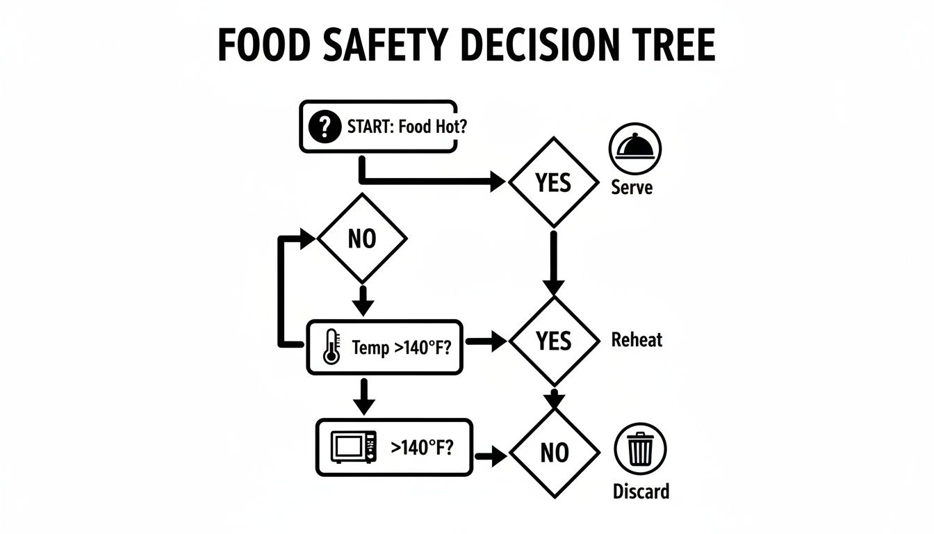 A food safety decision tree explaining when to serve, reheat, or discard food based on temperature.
