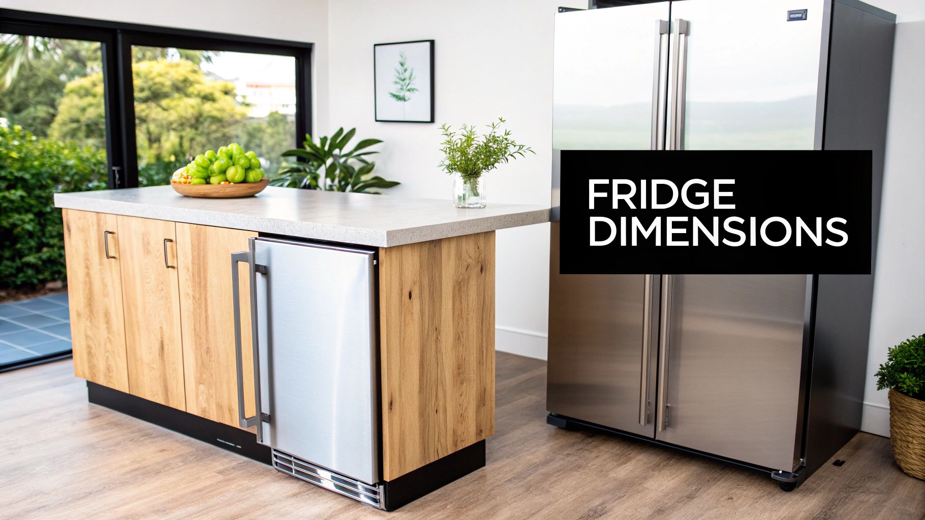 A modern kitchen setup featuring a wooden island with an under-counter fridge and a large stainless steel refrigerator.