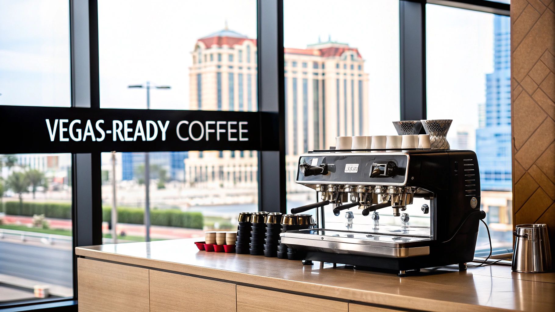 A commercial espresso machine on a wooden counter with coffee cups, overlooking an urban cityscape.