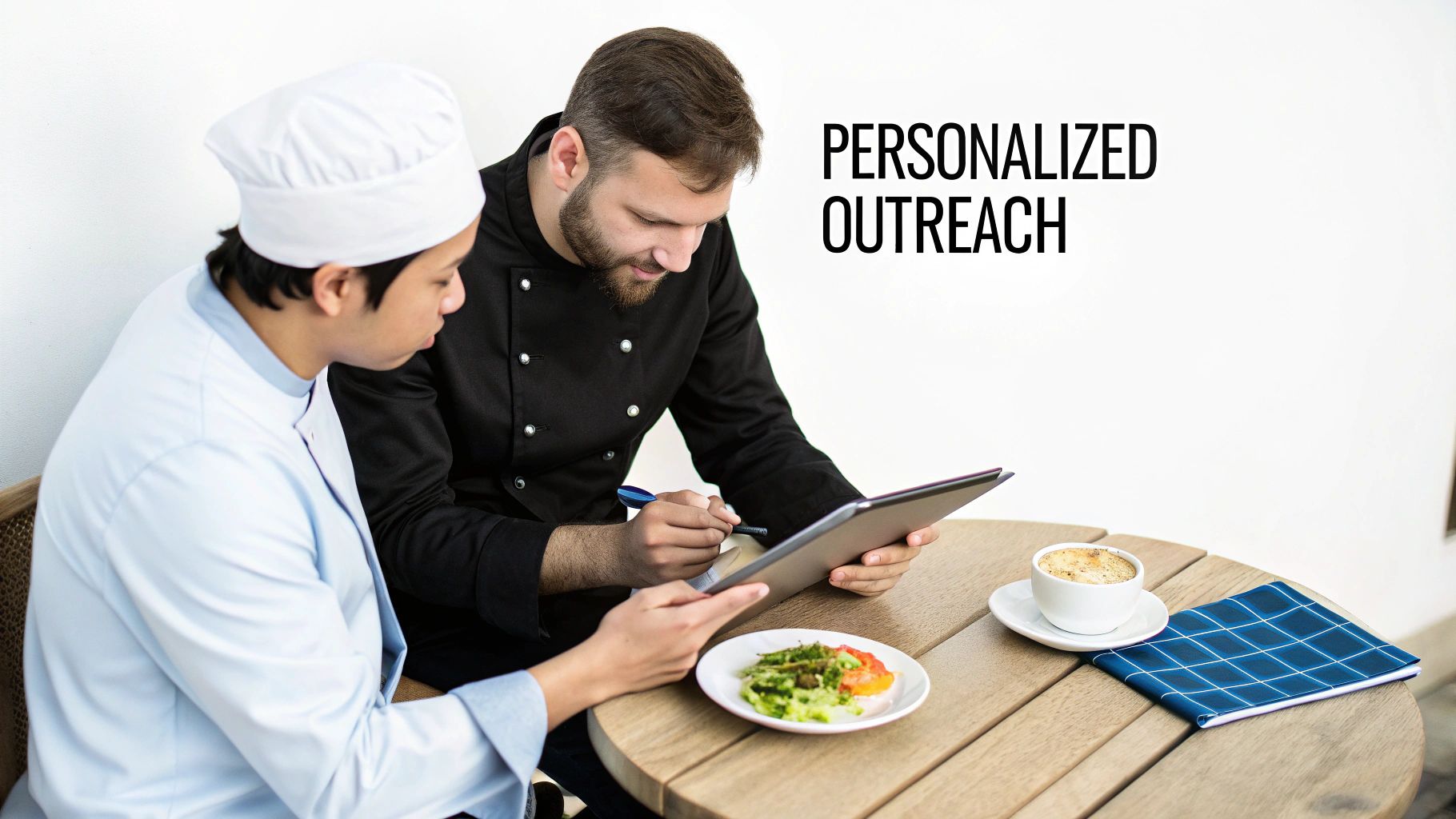 Two chefs in uniform are looking at a tablet, with a salad and coffee on the table.