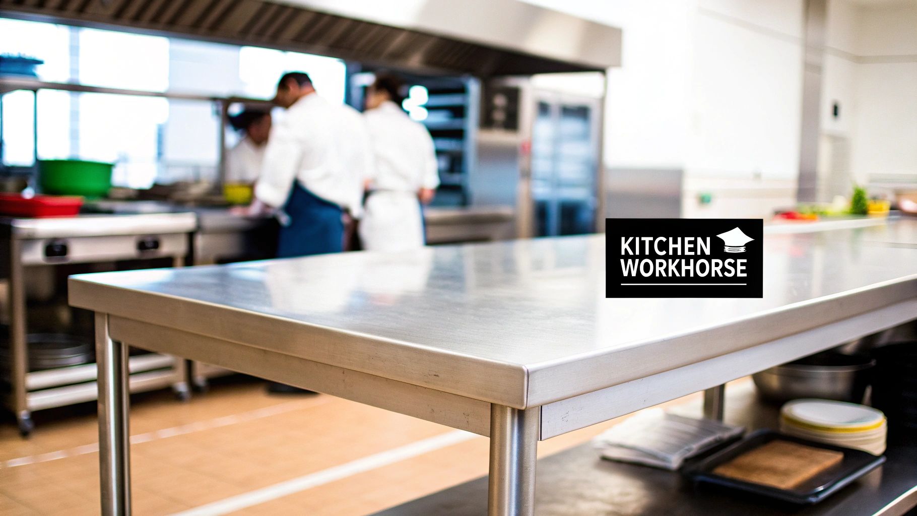 Professional commercial kitchen with stainless steel prep table and chefs working in background