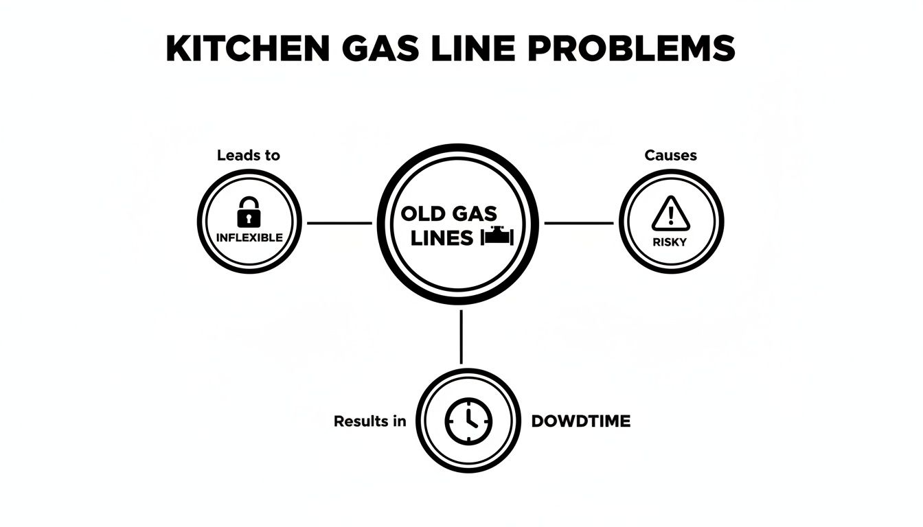 A diagram illustrating kitchen old gas line problems, showing they are inflexible, risky, and lead to downtime.
