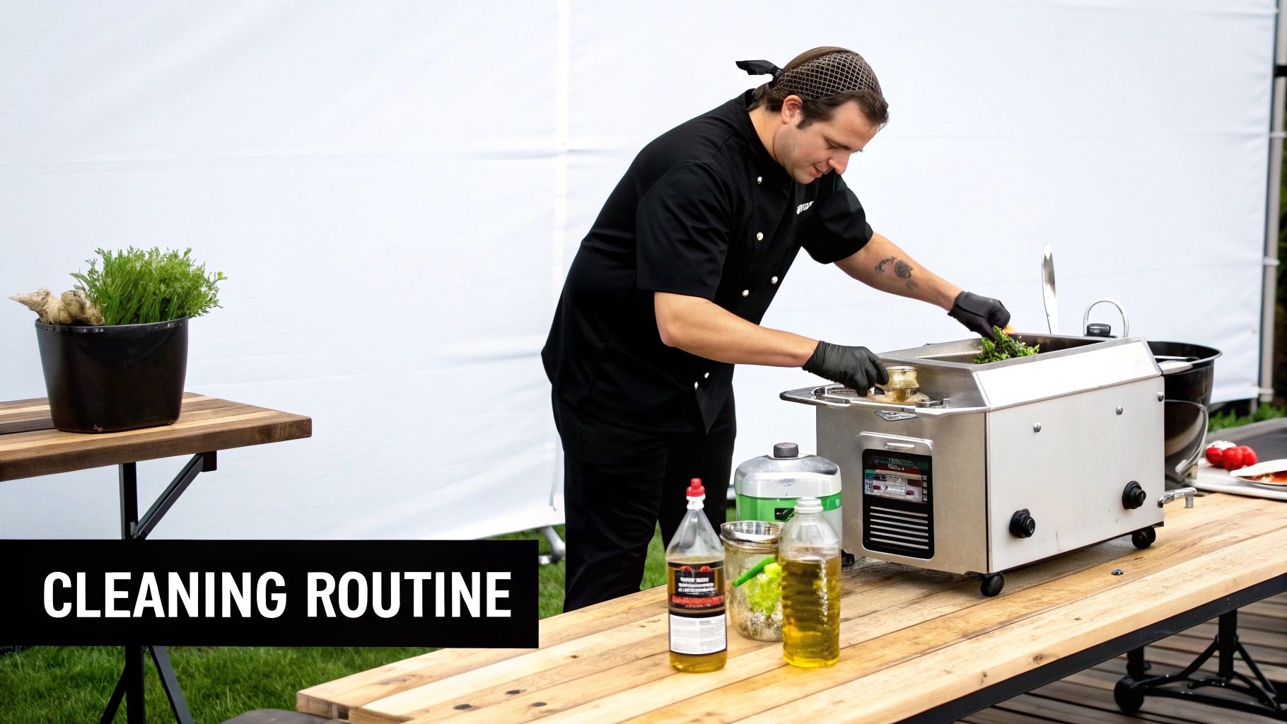A chef in black gloves operates a portable deep fryer outdoors, cooking greens on a wooden table.