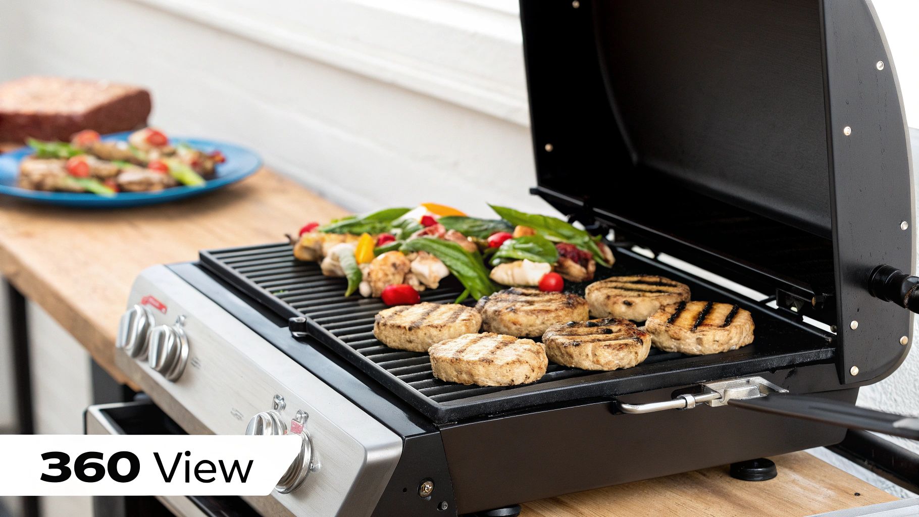 Close-up of a barbecue grill cooking burger patties and colorful vegetable skewers outdoors.