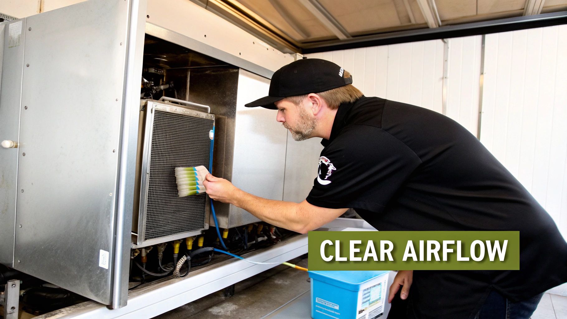 A professional technician meticulously cleans a metal filter inside a commercial ice machine for optimal airflow.