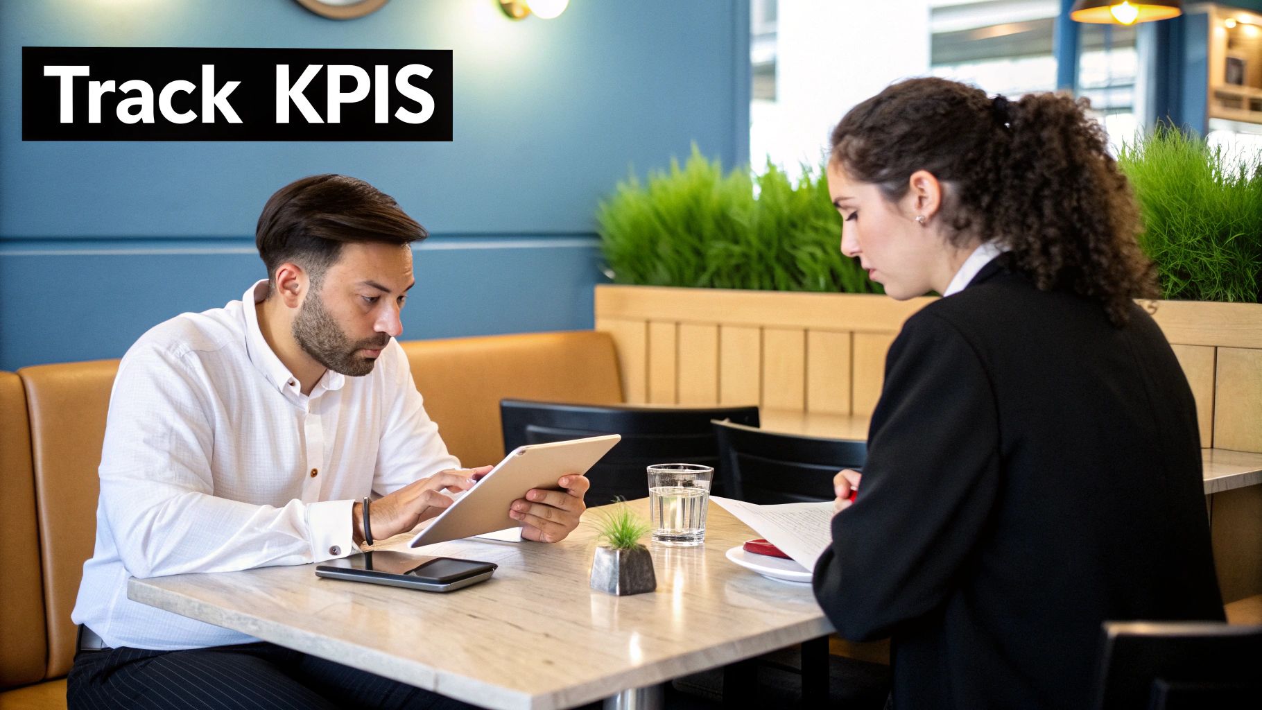 Two professionals collaborate at a table, a man using a tablet and a woman reviewing documents, discussing KPIs.