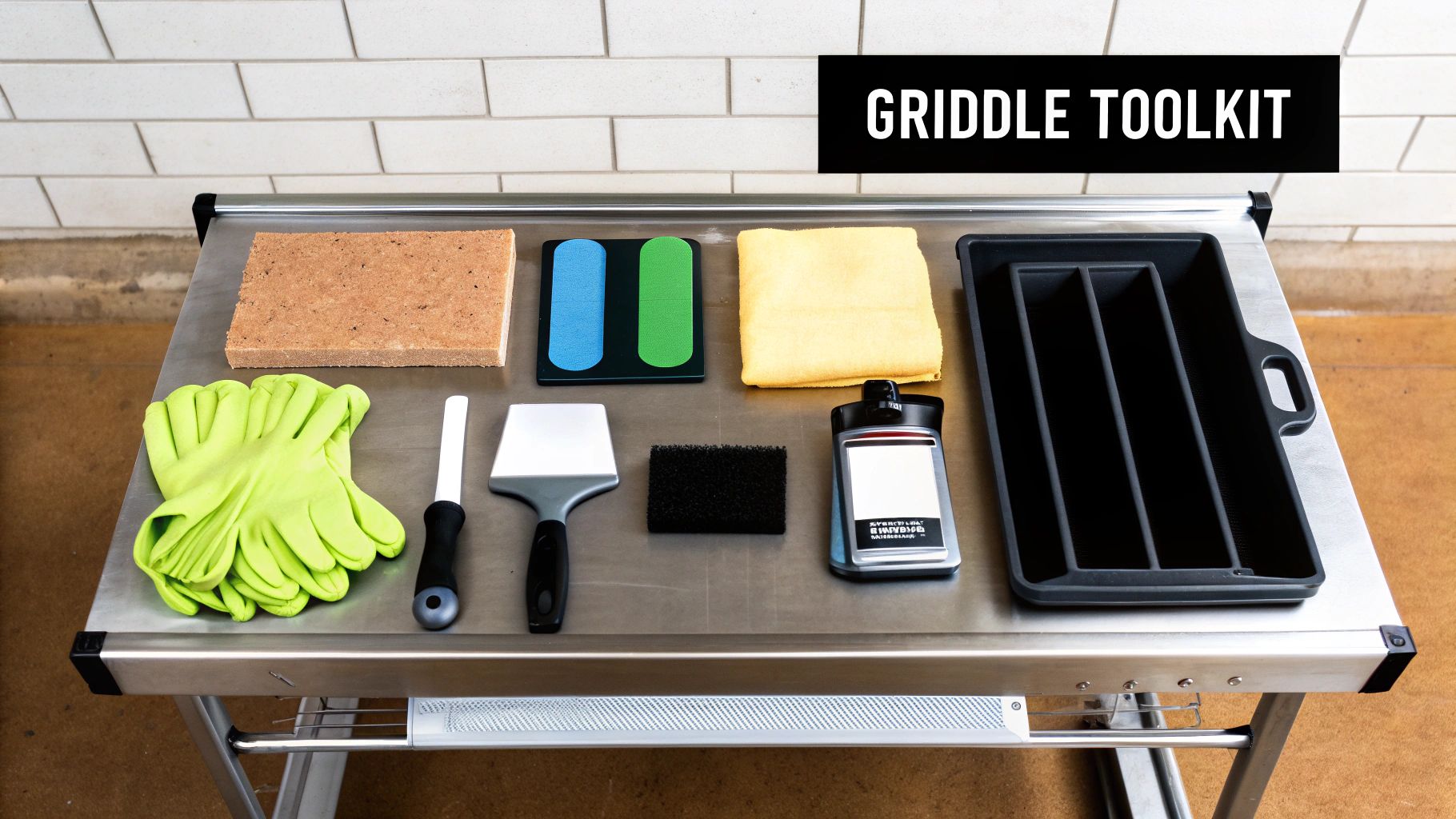 A comprehensive griddle toolkit featuring various cleaning tools, gloves, and accessories on a stainless steel table.