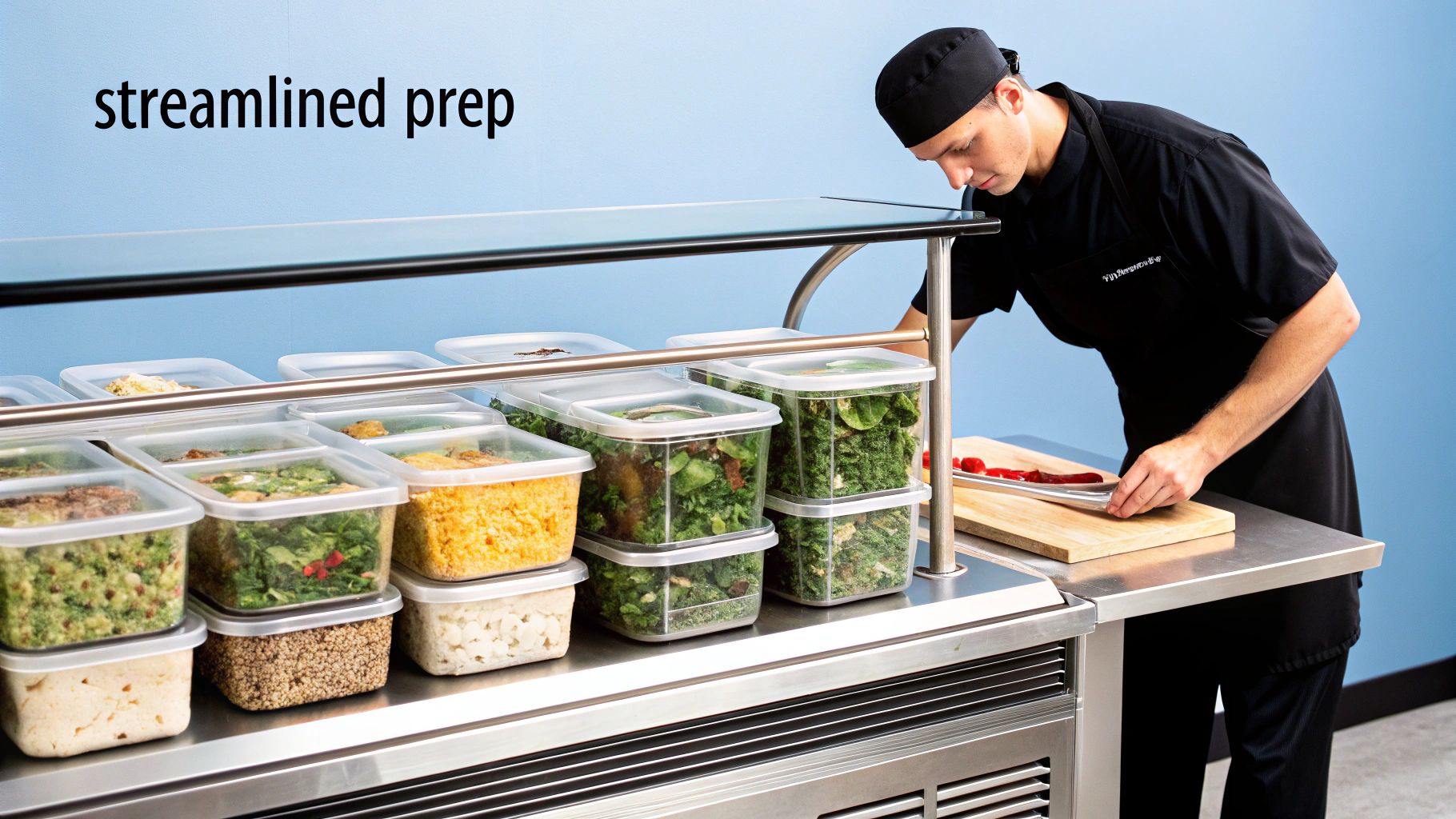 Chef organizing fresh ingredients in clear food storage containers at a professional prep station.