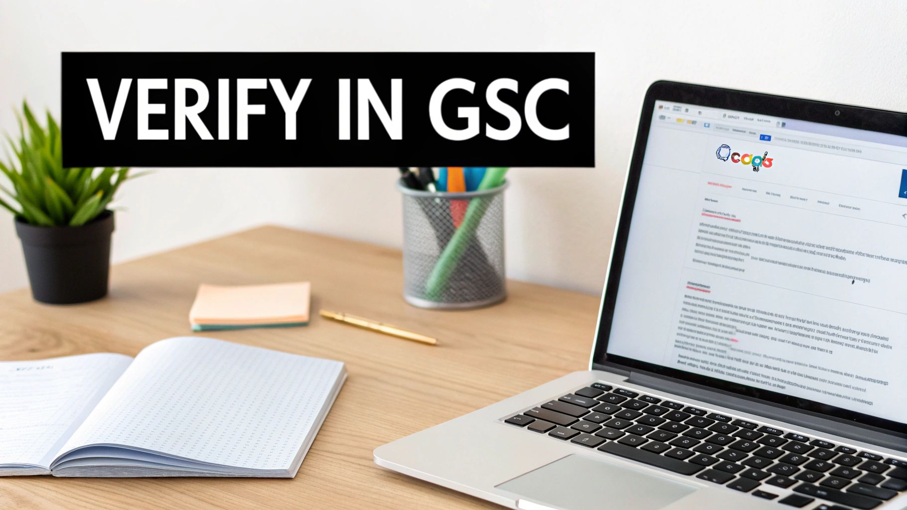 A laptop showing Google Search Console on a wooden desk, with an open notebook and plant, and 'VERIFY IN GSC' text.