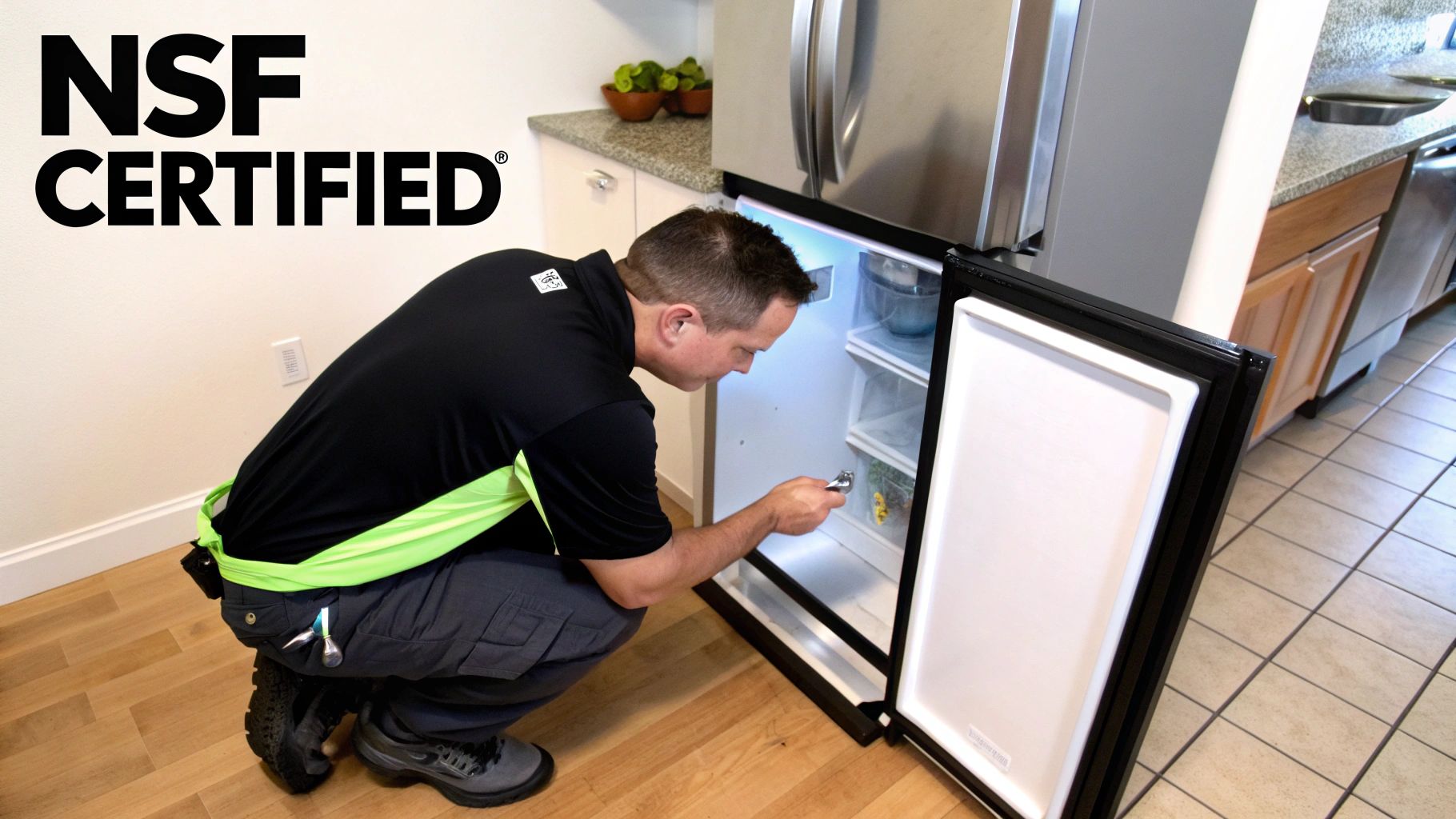 A technician inspects the interior of a small, under-counter refrigerator in a kitchen, with an NSF CERTIFIED logo.
