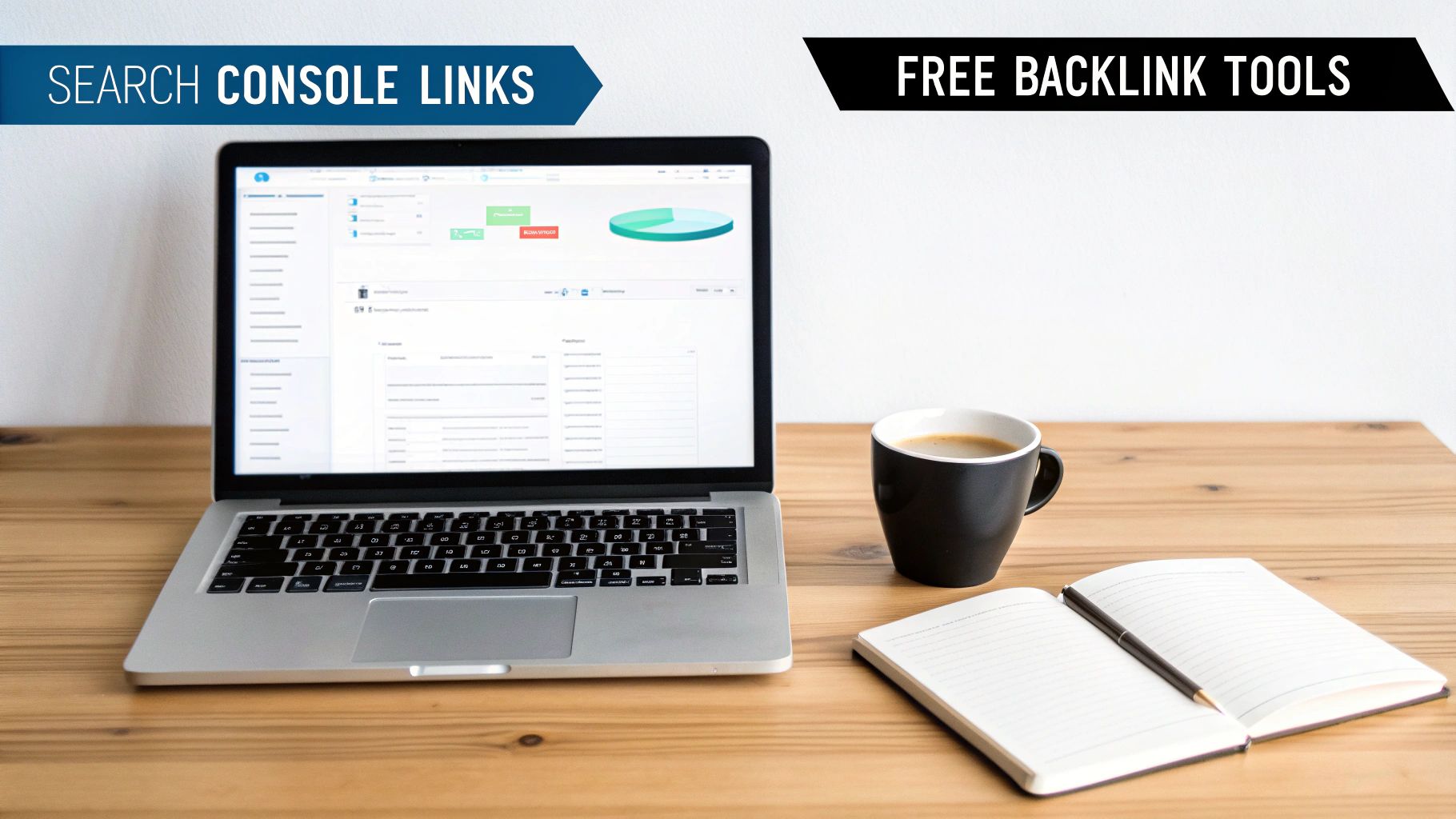 A magnifying glass hovering over a computer screen that displays a website's link data and analytics graphs.
