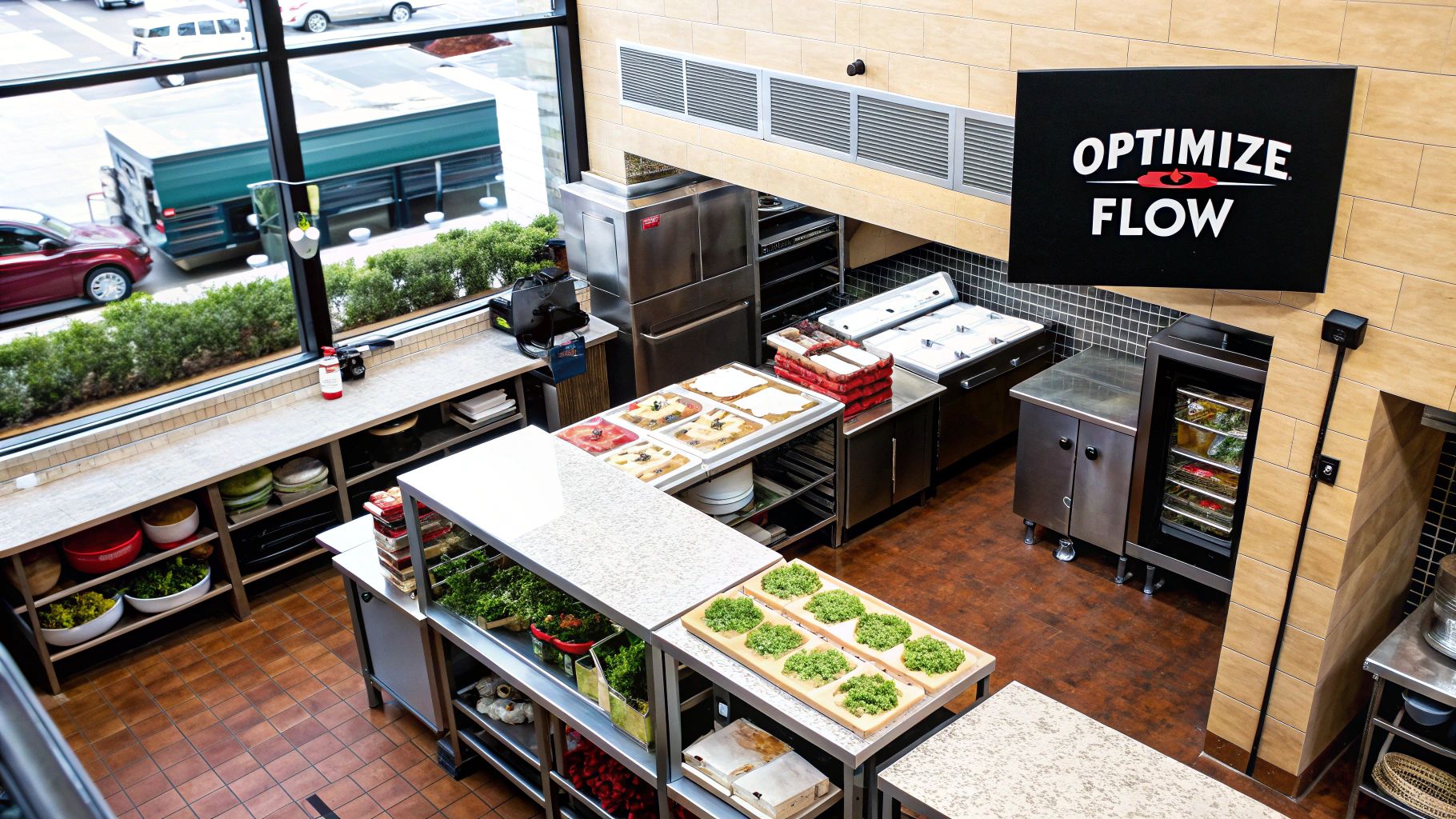 A chef measuring a space for a new prep table in a bustling commercial kitchen.