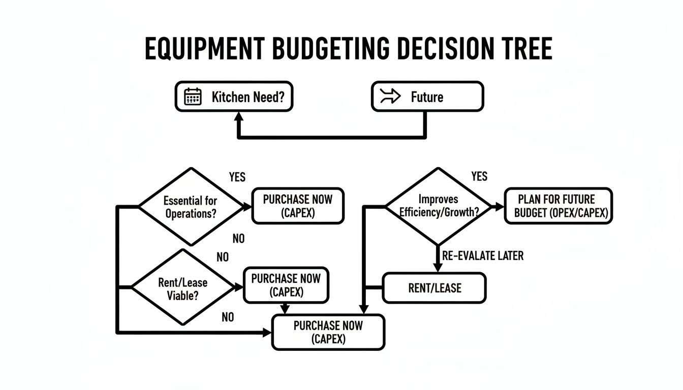 A flowchart illustrating an equipment budgeting decision tree, guiding decisions on purchase, rent, or future planning.