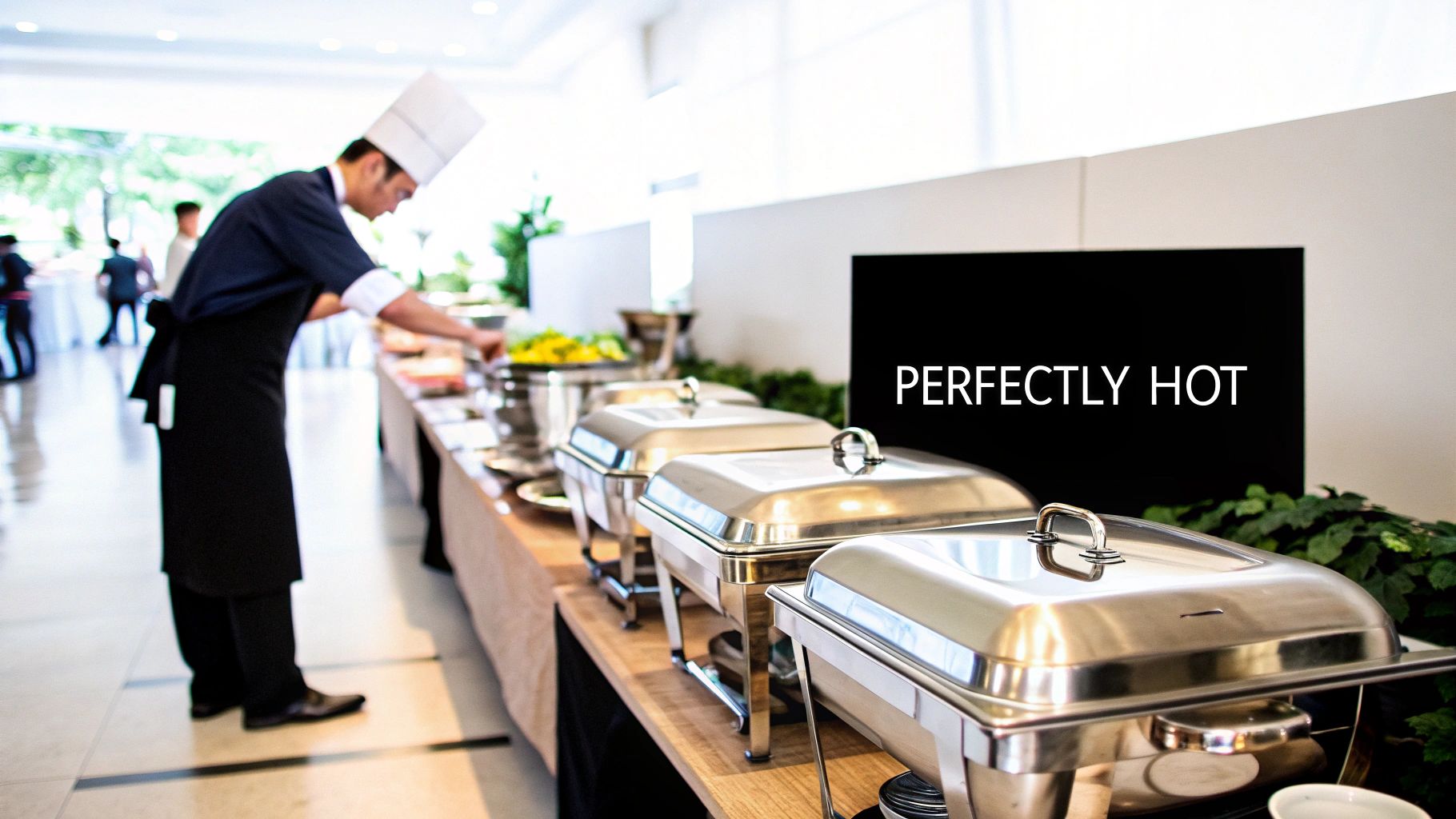 A professional chef arranges food on a buffet table featuring shiny chafing dishes and a 'PERFECTLY HOT' sign.
