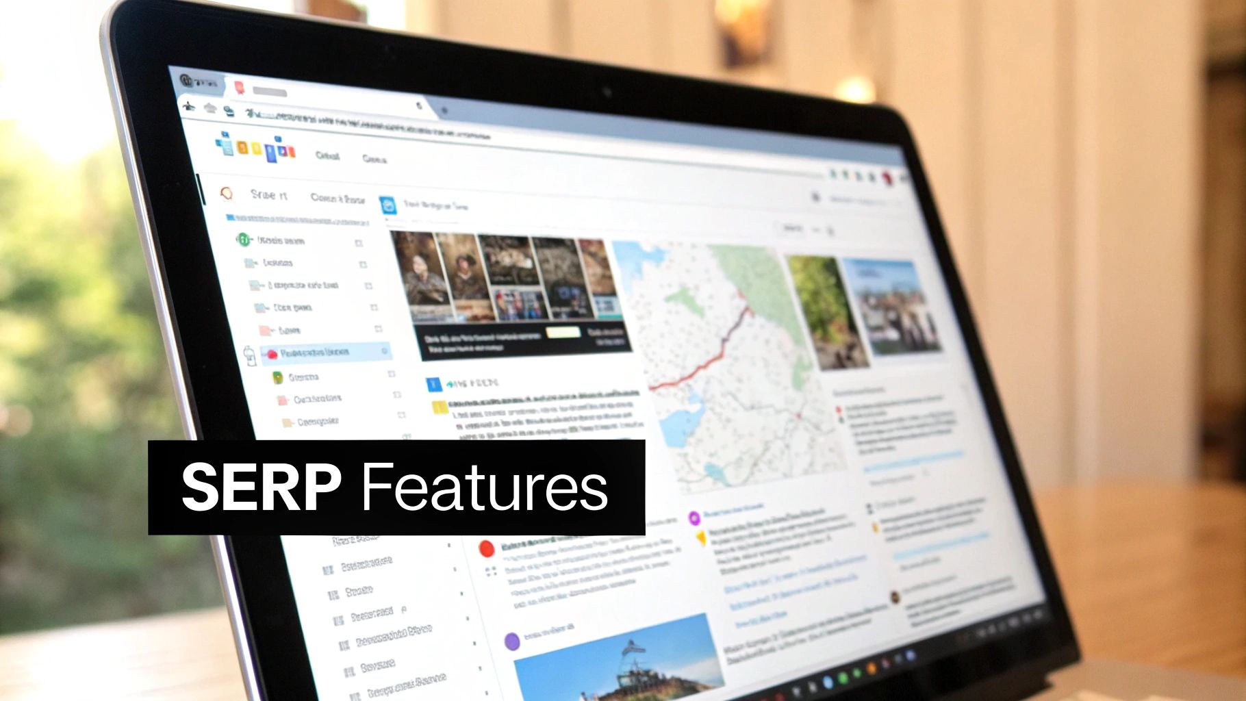 Screenshot showing various SERP features like a Local Pack, People Also Ask box, and Rich Snippets.