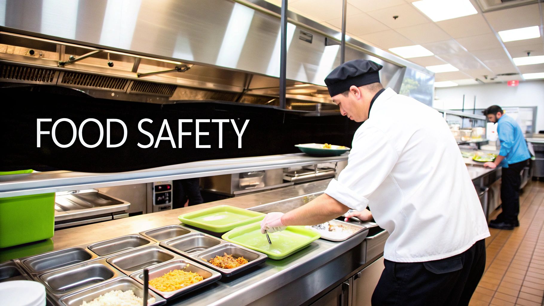 Chefs wearing uniforms and gloves prepare meals in a clean commercial kitchen, highlighting food safety.