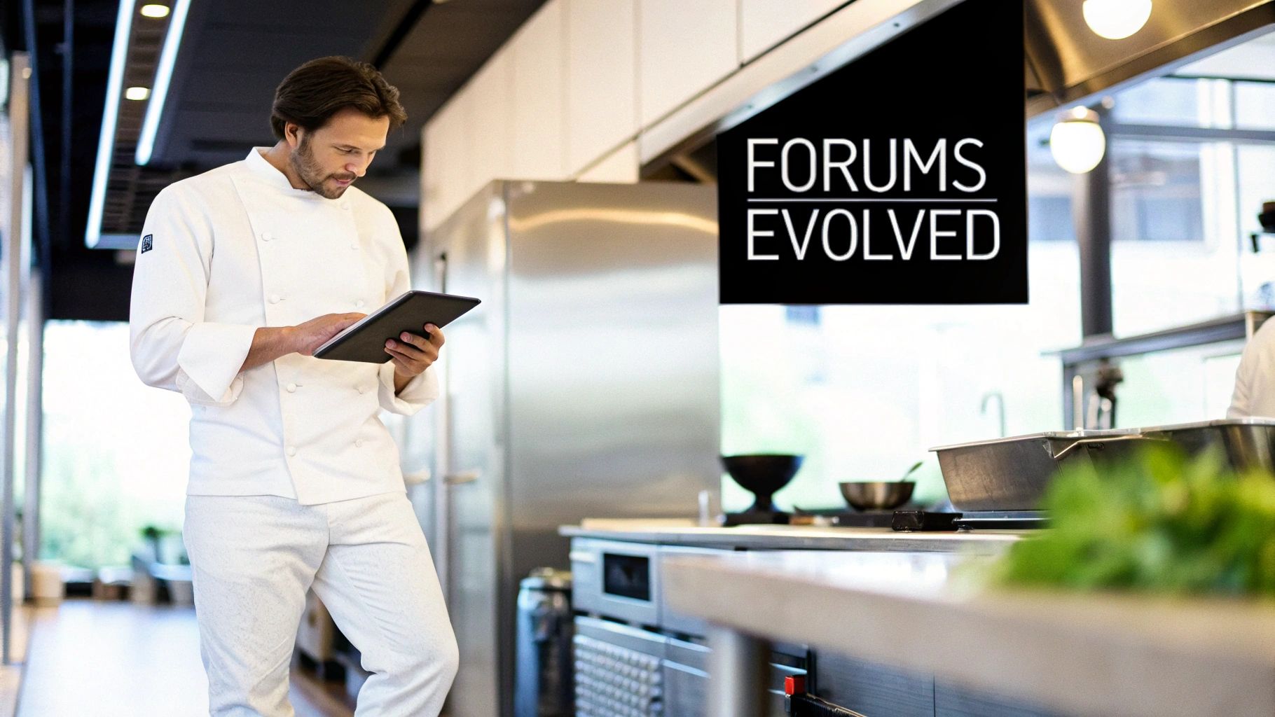 Professional chef in white uniform reviewing digital information on a tablet in a bright kitchen.