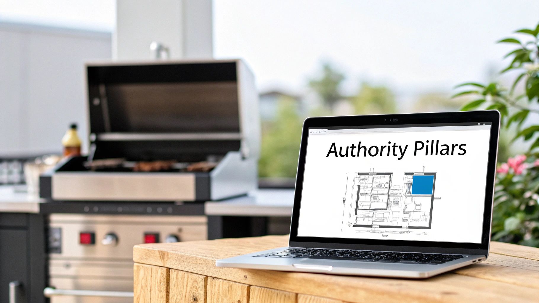 A laptop on a wooden table shows 'Authority Pillars' and a blueprint. A barbecue grill is in the background.