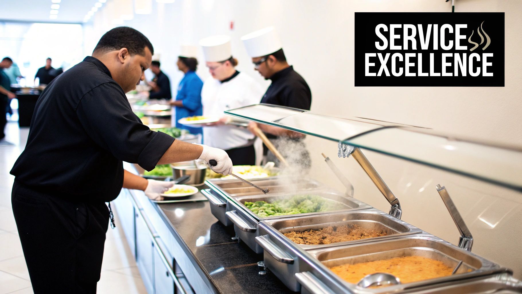 A food service worker in gloves serves hot food from a buffet line with multiple steaming dishes.
