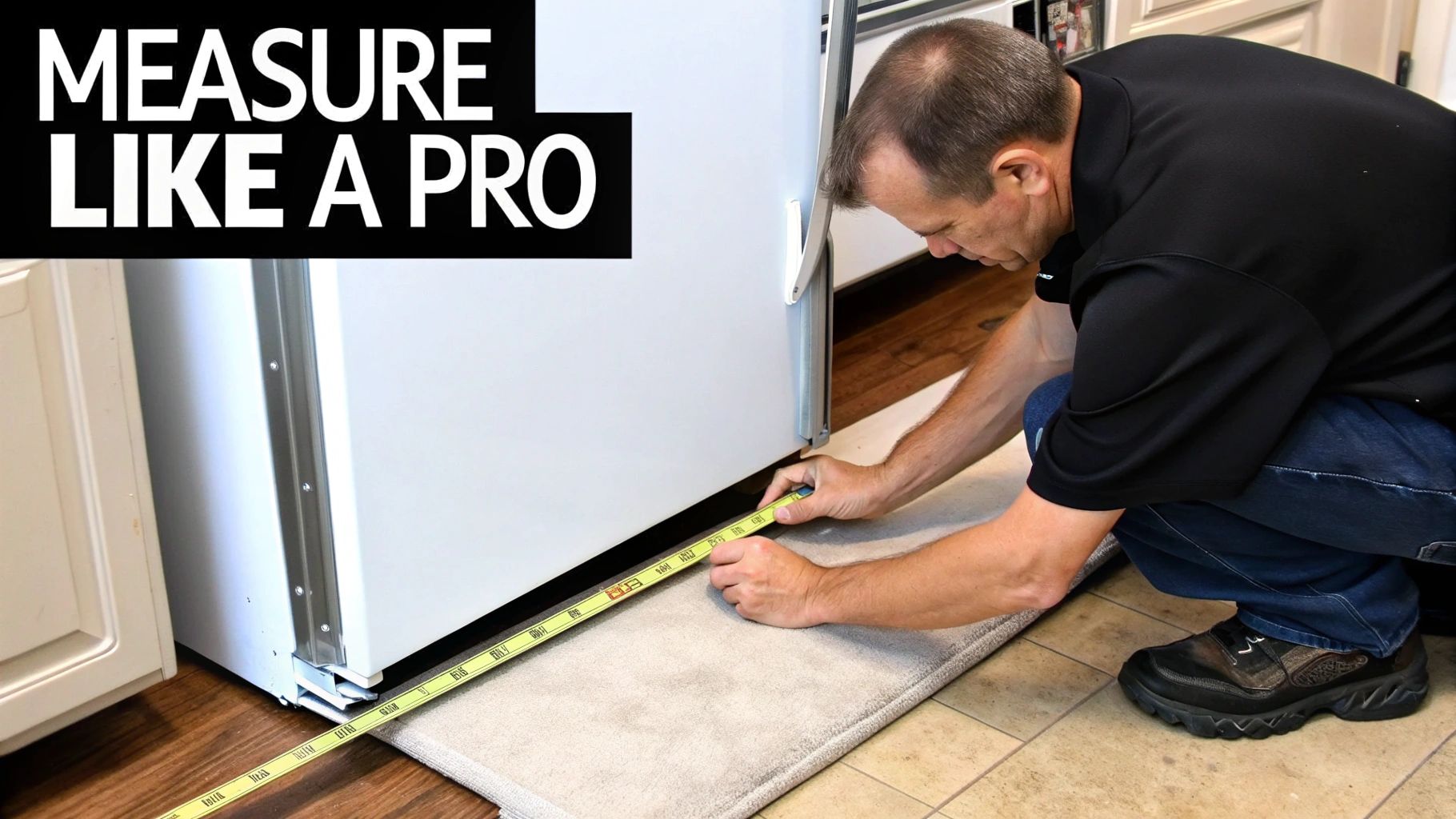 A man kneels to accurately measure the width of a white undercounter refrigerator using a yellow tape measure.