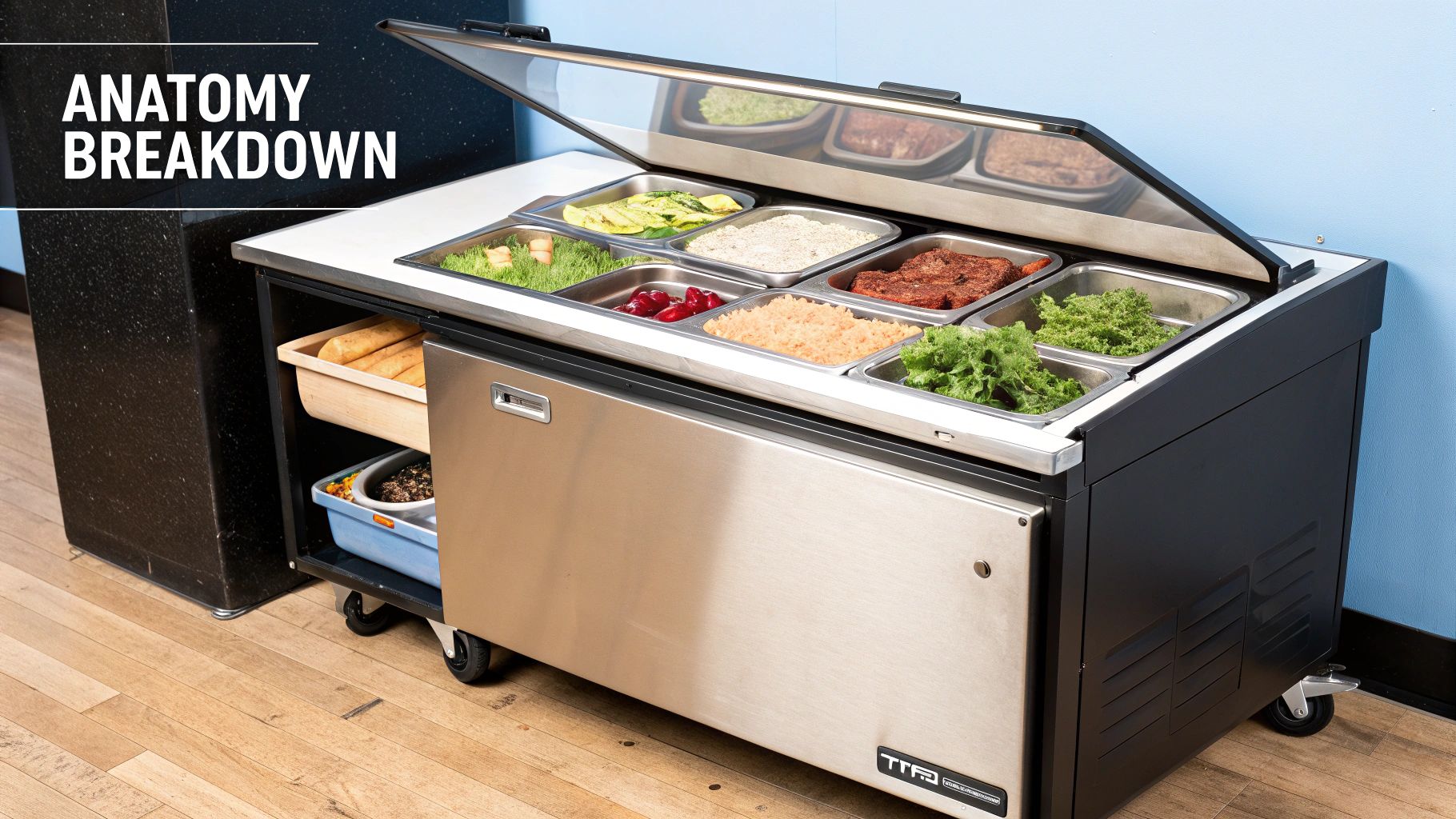 A close-up view of a commercial griddle being used to cook multiple items at once.