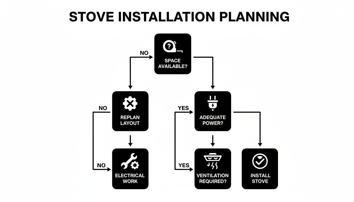 Flowchart illustrating stove installation planning steps, including checking space, adequate power, and ventilation requirements.