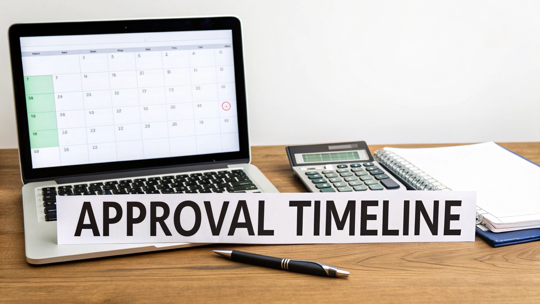 A laptop displaying a calendar, a calculator, and a paper with 'APPROVAL TIMELINE' on a wooden desk.