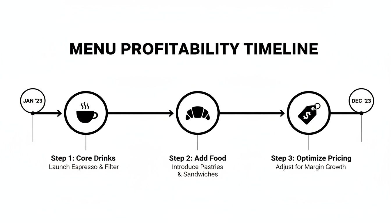 A menu profitability timeline showing three steps from core drinks to optimized pricing for a coffee shop.