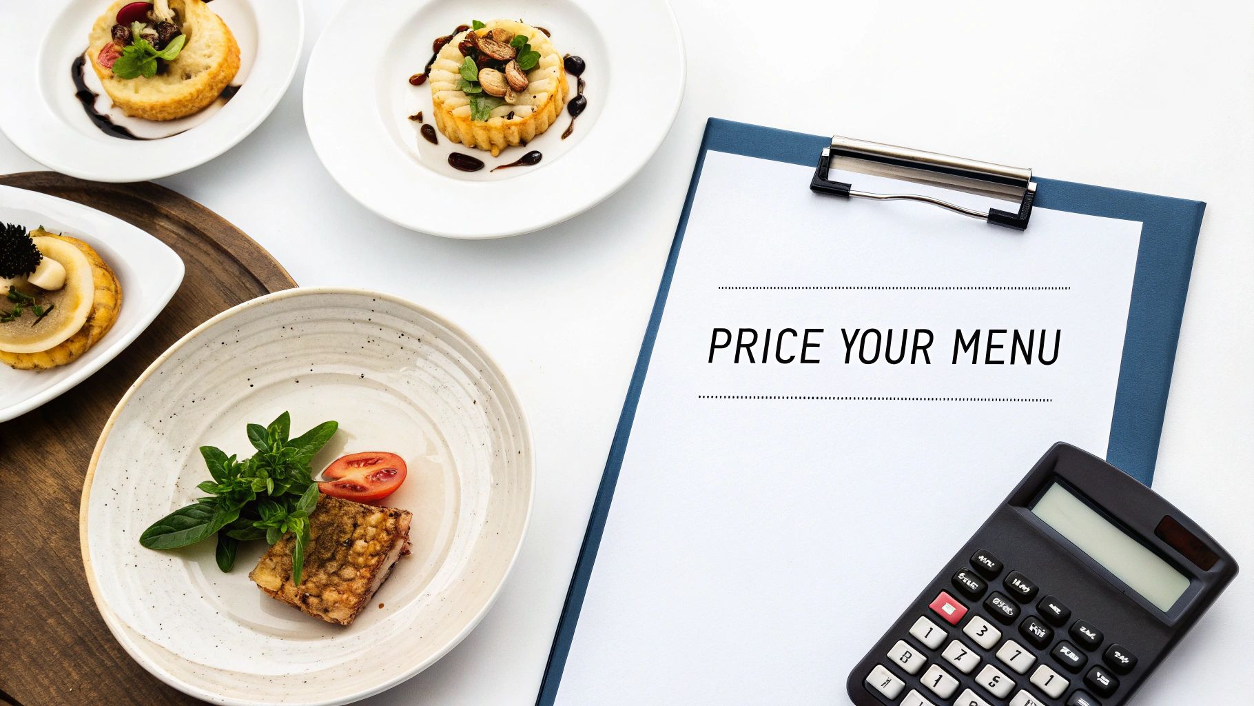 Gourmet dishes, a clipboard with 'PRICE YOUR MENU' text, and a calculator on a white background.