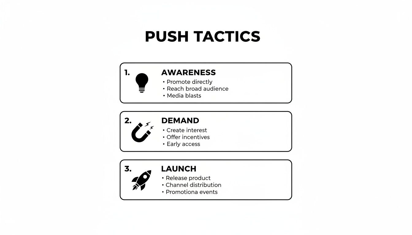 Infographic illustrating three push marketing tactics: Awareness, Demand, and Launch, with key actions for each.
