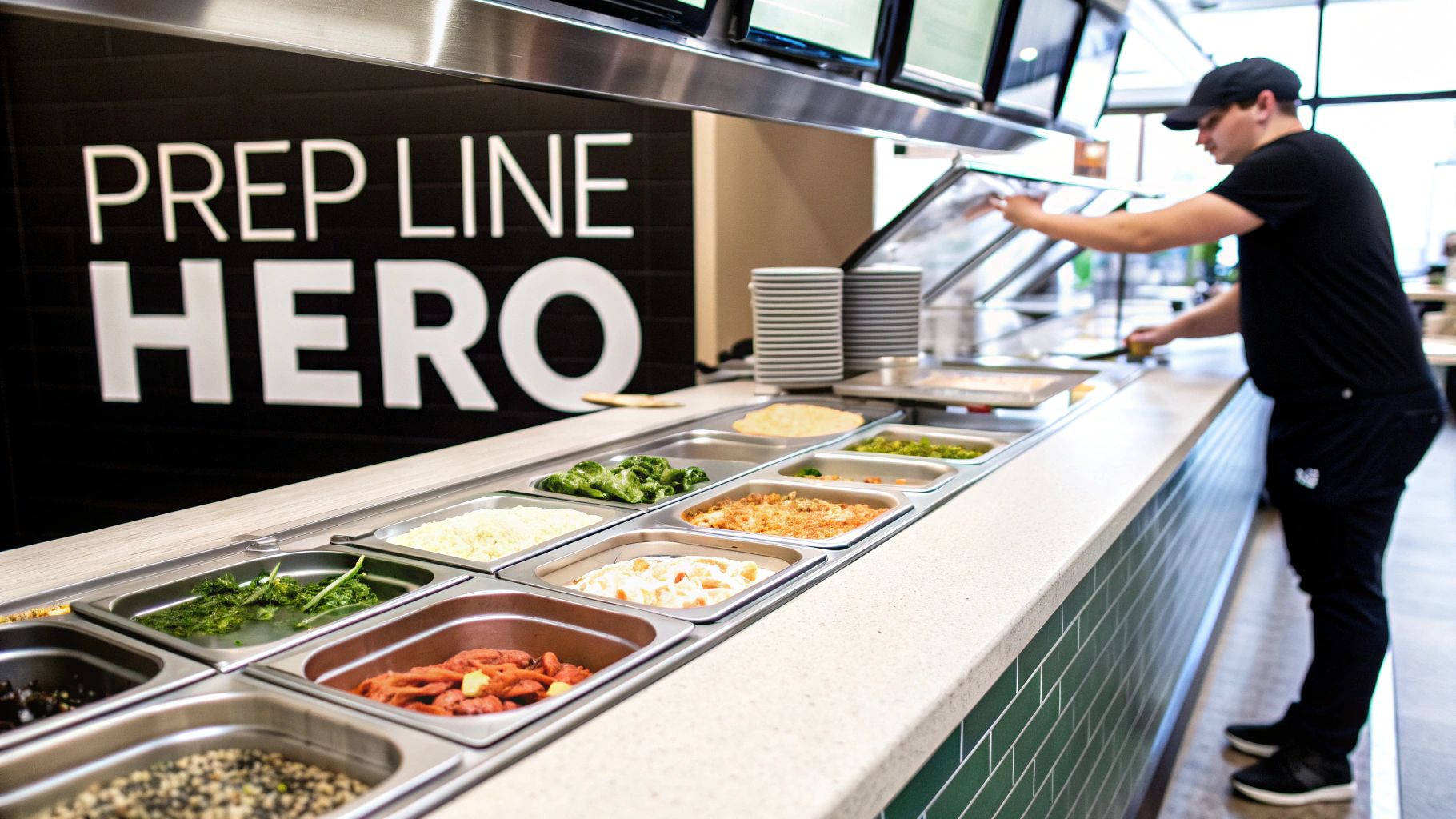 Food service worker at a healthy buffet line with fresh ingredients and "Prep Line Hero" sign.