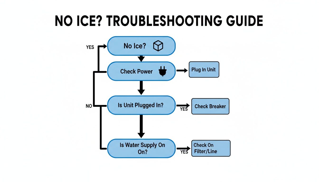 Flowchart troubleshooting guide for a 'no ice' problem, detailing steps for power and water supply.