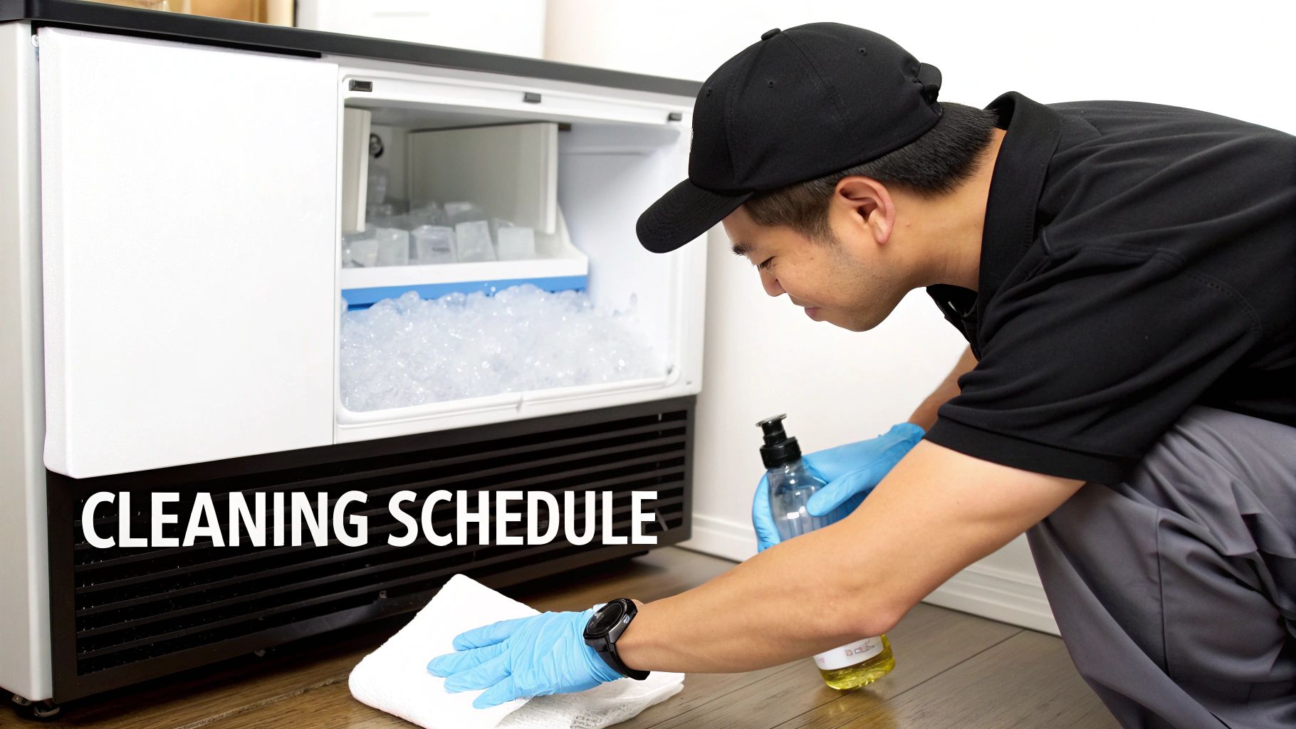 A person wearing blue gloves cleans an undercounter ice maker with a spray bottle and white cloth.