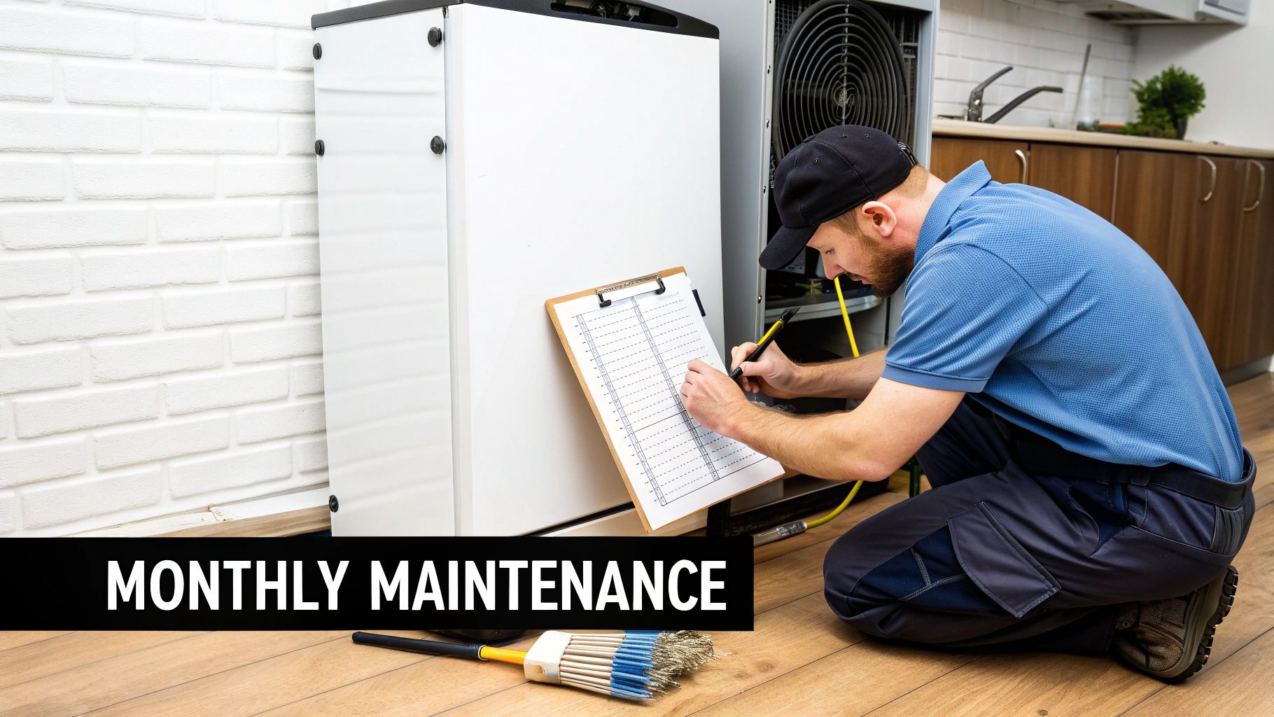 A technician kneels to inspect an appliance, writing on a clipboard during monthly maintenance.