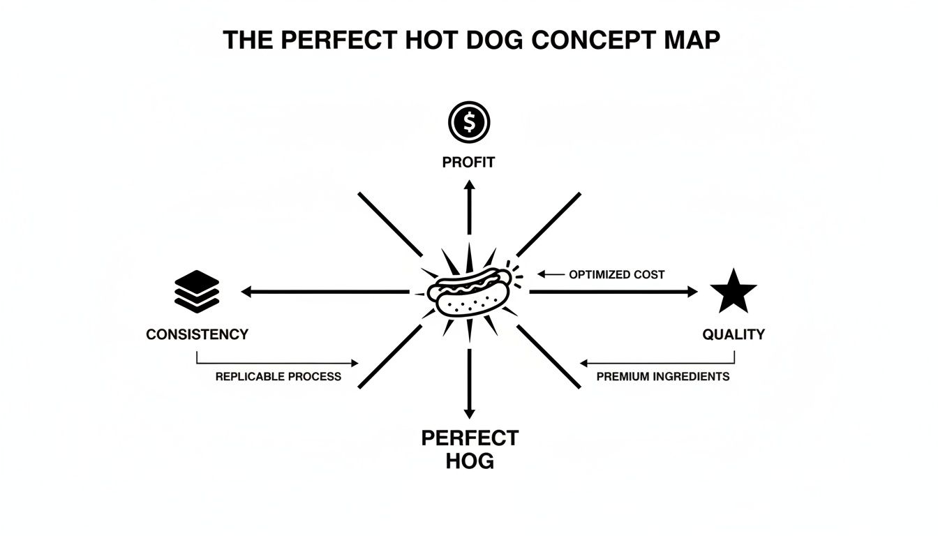 A concept map titled 'The Perfect Hot Dog Concept Map' outlining factors for a perfect hot dog.