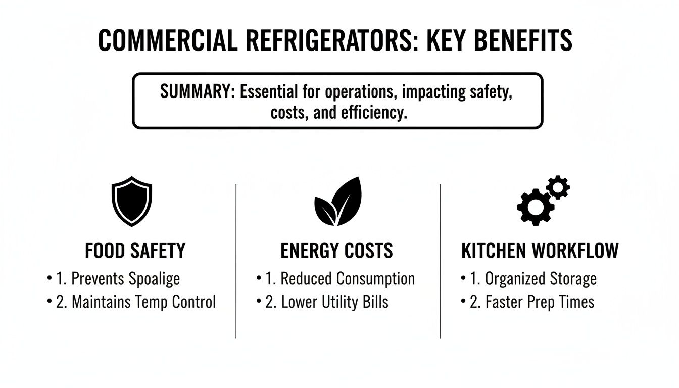 Infographic detailing key benefits of commercial refrigerators: food safety, energy costs, and kitchen workflow.