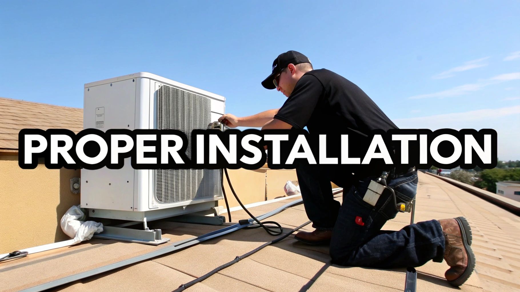 A technician installs an HVAC condensing unit on a rooftop under a clear blue sky, emphasizing proper installation.