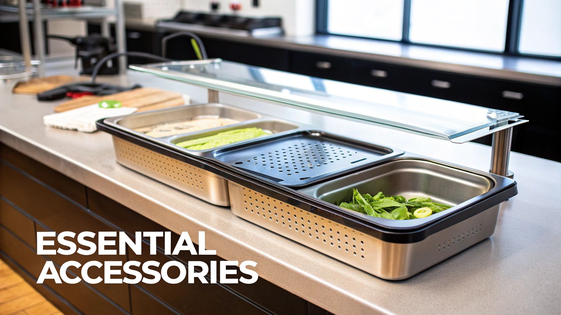 Stainless steel food pans filled with fresh ingredients and a perforated tray under a glass sneeze guard.