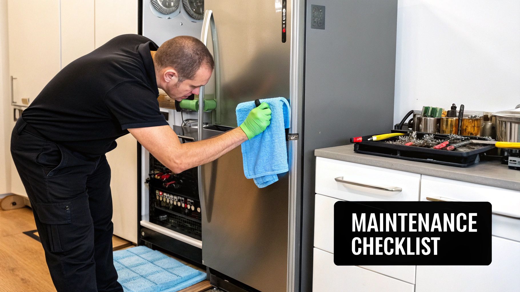 A man in green gloves cleaning a stainless steel commercial fridge with a blue cloth.